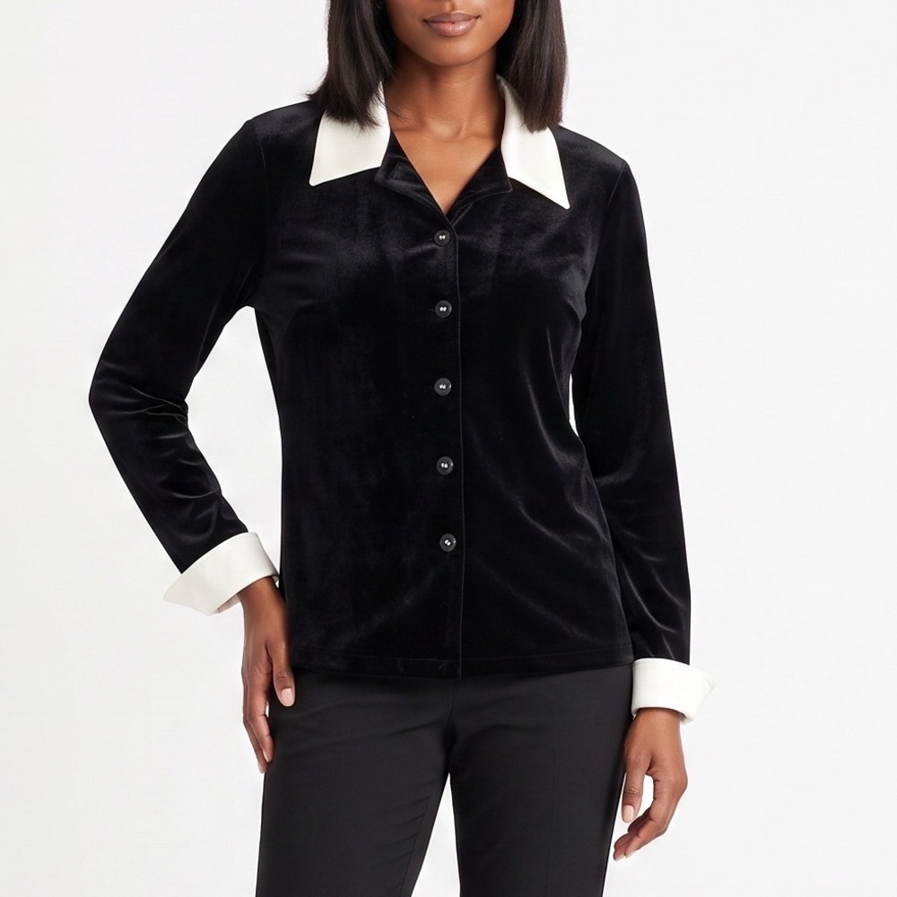 Virgo Dress Set Womens 14 Black Velvet Contrast Trim Button-Down NEW
